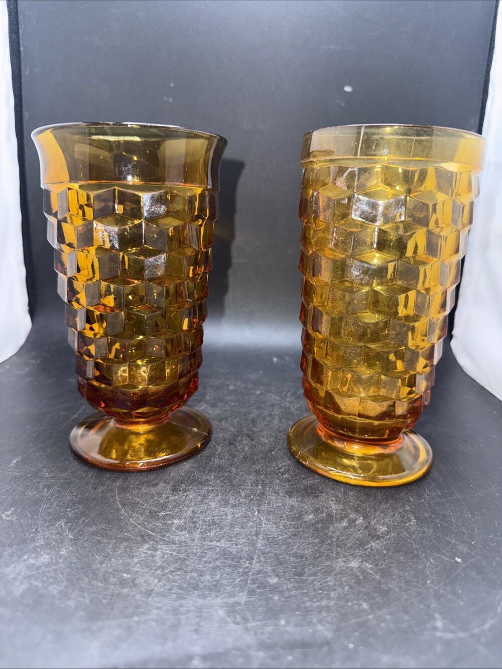 Vintage Indiana Glass Whitehall Amber Footed Tumblers Cubist Glasses Set of 2